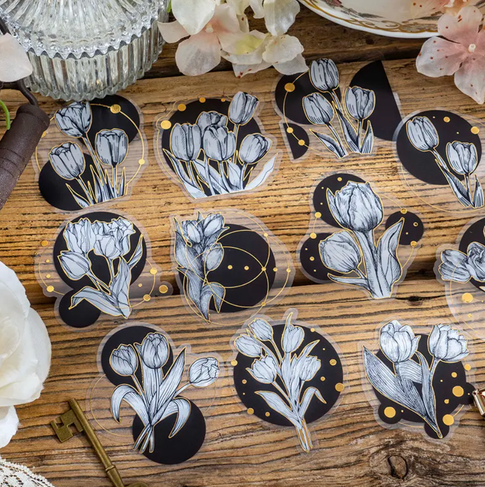 30pieces/pack Black Gold Tulip Flower Stickers